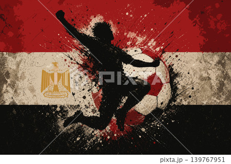 Egypt national football team wallpaper, banner, poster, background. Egypt soccer player silhouette celebrating victory against a grunge national flag. 139767951