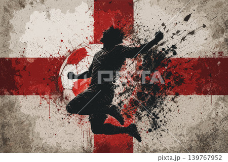 England national football team wallpaper, banner, poster, background. England soccer player silhouette celebrating victory against a grunge national flag. England national football team wallpaper, banner, poster, background. England soccer player silhouette celebrating victory against a grunge national flag. 139767952
