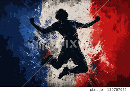 France national football team wallpaper, banner, poster, background. France soccer player silhouette celebrating victory against a grunge national flag. 139767953