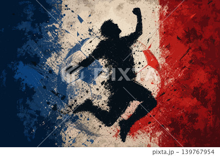 France national football team wallpaper, banner, poster, background. France soccer player silhouette celebrating victory against a grunge national flag. 139767954