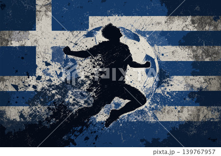 Greece national football team wallpaper, banner, poster, background. Greece soccer player silhouette celebrating victory against a grunge national flag. Greece national football team wallpaper, banner, poster, background. Greece soccer player silhouette celebrating victory against a grunge national flag. 139767957