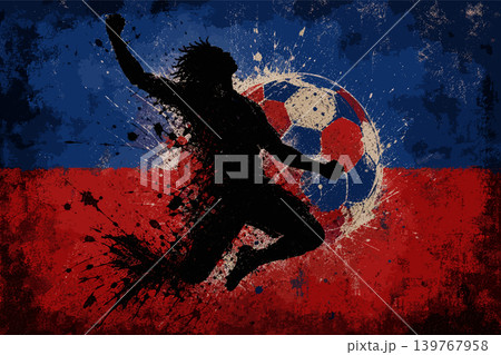 Haiti national football team wallpaper, banner, poster, background. Haiti soccer player silhouette celebrating victory against a grunge national flag. Haiti national football team wallpaper, banner, poster, background. Haiti soccer player silhouette celebrating victory against a grunge national flag. 139767958