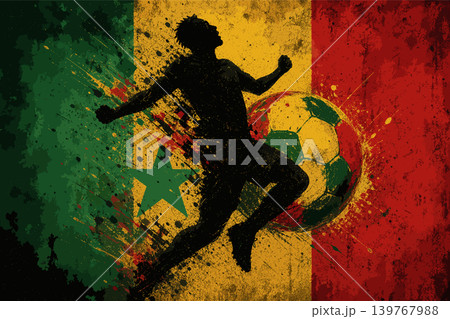 Senegal national football team wallpaper, banner, poster, background. Senegal soccer player silhouette celebrating victory against a grunge national flag. Senegal national football team wallpaper, banner, poster, background. Senegal soccer player silhouette celebrating victory against a grunge national flag. 139767988