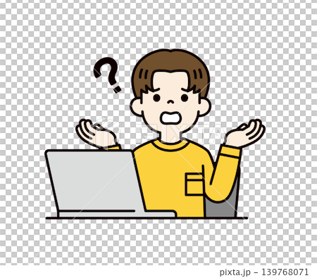 A vector illustration of the upper body of a young male student sitting in front of a laptop, with his hands raised in a helpless gesture. 139768071