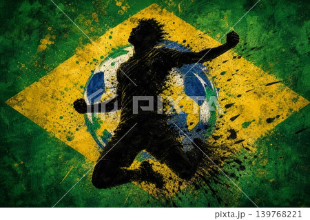Brazil national football team wallpaper, banner, poster, background. Brazil soccer player silhouette celebrating victory against a grunge national flag. 139768221