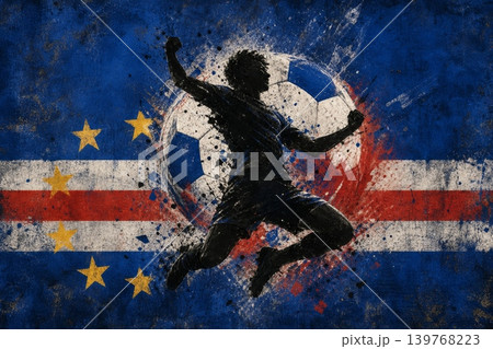 Cape Verde national football team wallpaper, banner, poster, background. Cape Verde soccer player silhouette celebrating victory against a grunge national flag. 139768223