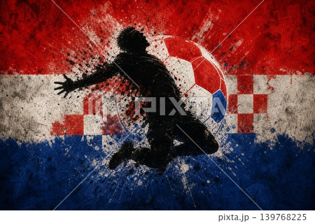Croatia national football team wallpaper, banner, poster, background. Croatia soccer player silhouette celebrating victory against a grunge national flag. Croatia national football team wallpaper, banner, poster, background. Croatia soccer player silhouette celebrating victory against a grunge national flag. 139768225
