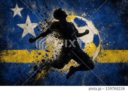 Curacao national football team wallpaper, banner, poster, background. Curacao soccer player silhouette celebrating victory against a grunge national flag. Curacao national football team wallpaper, banner, poster, background. Curacao soccer player silhouette celebrating victory against a grunge national flag. 139768226