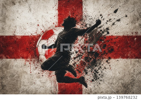 England national football team wallpaper, banner, poster, background. England soccer player silhouette celebrating victory against a grunge national flag. 139768232