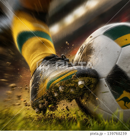 Argentina national soccer or football team background, wallpaper, banner, poster. Argentina soccer player kicking football during dynamic action. 139768239