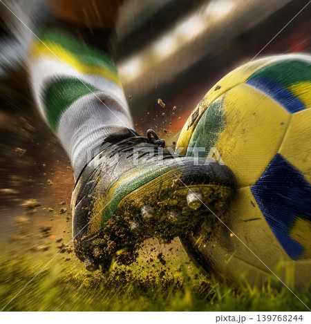 Brazil national soccer or football team background, wallpaper, banner, poster. Brazil soccer player kicking football during dynamic action. 139768244