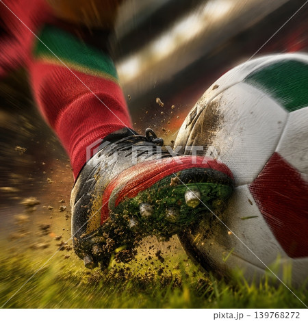 Portugal national soccer or football team background, wallpaper, banner, poster. Portugal soccer player kicking football during dynamic action. Portugal national soccer or football team background, wallpaper, banner, poster. Portugal soccer player kicking football during dynamic action. 139768272