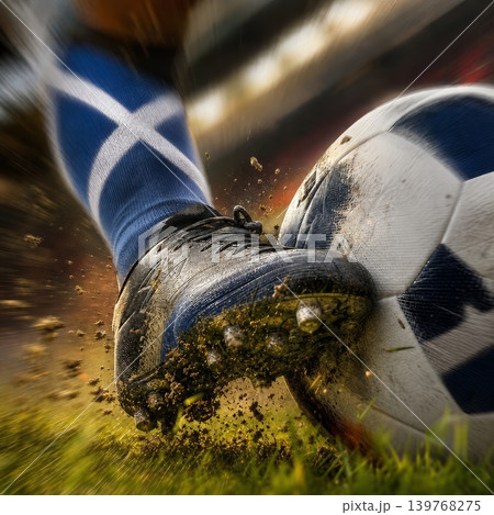 Scotland national soccer or football team background, wallpaper, banner, poster. Scotland soccer player kicking football during dynamic action. 139768275
