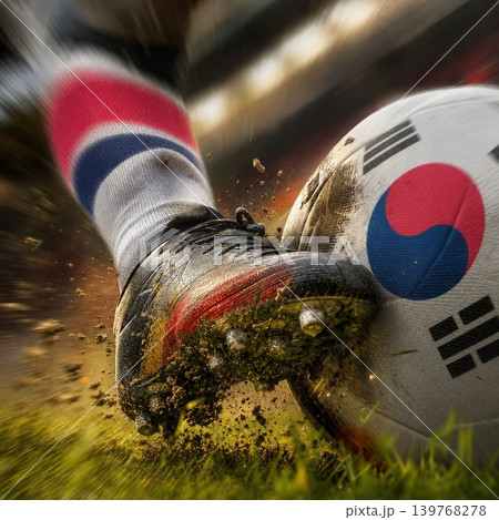 South Korea national soccer or football team background, wallpaper, banner, poster. South Korea soccer player kicking football during dynamic action. South Korea national soccer or football team background, wallpaper, banner, poster. South Korea soccer player kicking football during dynamic action. 139768278