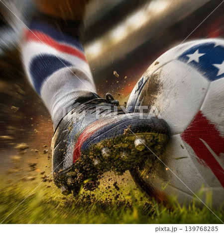 United States national soccer or football team background, wallpaper, banner, poster. United States soccer player kicking football during dynamic action. United States national soccer or football team background, wallpaper, banner, poster. United States soccer player kicking football during dynamic action. 139768285