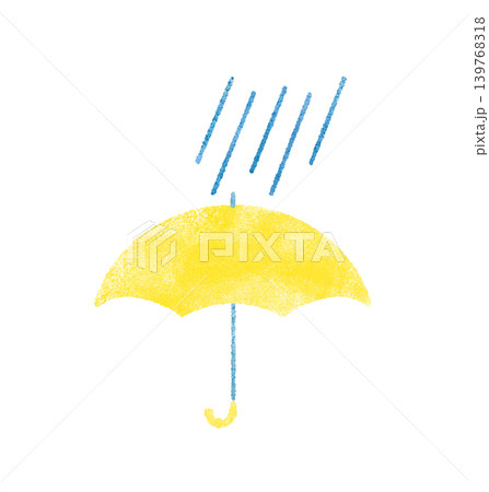 水彩風の開いた黄色い傘と雨のデフォルメイラスト 背景透過 水彩風の開いた黄色い傘と雨のデフォルメイラスト 背景透過 139768318