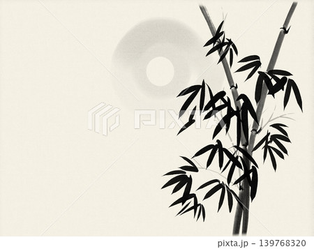 An artistic ink painting of bamboo stalks with leaves and a soft, circular motif resembling a moon An artistic ink painting of bamboo stalks with leaves and a soft, circular motif resembling a moon 139768320