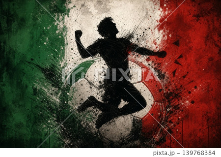 Italy national football team wallpaper, banner, poster, background. Italy soccer player silhouette celebrating victory against a grunge national flag. 139768384