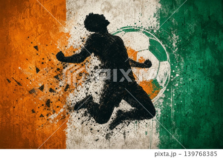 Ivory Coast national football team wallpaper, banner, poster, background. Ivory Coast soccer player silhouette celebrating victory against a grunge national flag. 139768385