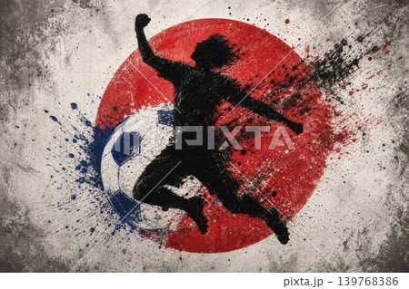 Japan national football team wallpaper, banner, poster, background. Japan soccer player silhouette celebrating victory against a grunge national flag. 139768386