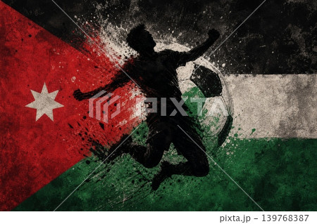 Jordan national football team wallpaper, banner, poster, background. Jordan soccer player silhouette celebrating victory against a grunge national flag. Jordan national football team wallpaper, banner, poster, background. Jordan soccer player silhouette celebrating victory against a grunge national flag. 139768387