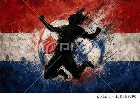 Netherlands national football team wallpaper, banner, poster, background. Netherlands soccer player silhouette celebrating victory against a grunge national flag. 139768390