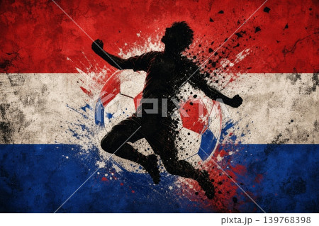 Paraguay national football team wallpaper, banner, poster, background. Paraguay soccer player silhouette celebrating victory against a grunge national flag. Paraguay national football team wallpaper, banner, poster, background. Paraguay soccer player silhouette celebrating victory against a grunge national flag. 139768398
