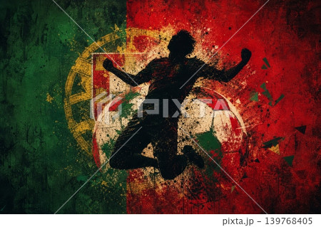 Portugal national football team wallpaper, banner, poster, background. Portugal soccer player silhouette celebrating victory against a grunge national flag. 139768405
