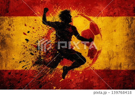 Spain national football team wallpaper, banner, poster, background. Spain soccer player silhouette celebrating victory against a grunge national flag. Spain national football team wallpaper, banner, poster, background. Spain soccer player silhouette celebrating victory against a grunge national flag. 139768418