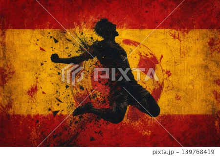 Spain national football team wallpaper, banner, poster, background. Spain soccer player silhouette celebrating victory against a grunge national flag. 139768419