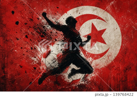 Tunisia national football team wallpaper, banner, poster, background. Tunisia soccer player silhouette celebrating victory against a grunge national flag. Tunisia national football team wallpaper, banner, poster, background. Tunisia soccer player silhouette celebrating victory against a grunge national flag. 139768422
