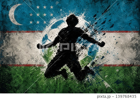 Uzbekistan national football team wallpaper, banner, poster, background. Uzbekistan soccer player silhouette celebrating victory against a grunge national flag. 139768435