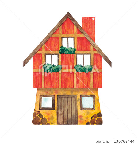 Red and yellow tiny house with chimney, flowers. Watercolor illustration in children's style on white background. Package, invitation, prints for children's dishes, toys, clothes, books, games. Art. Red and yellow tiny house with chimney, flowers. Watercolor illustration in children's style on white background. Package, invitation, prints for children's dishes, toys, clothes, books, games. Art. 139768444