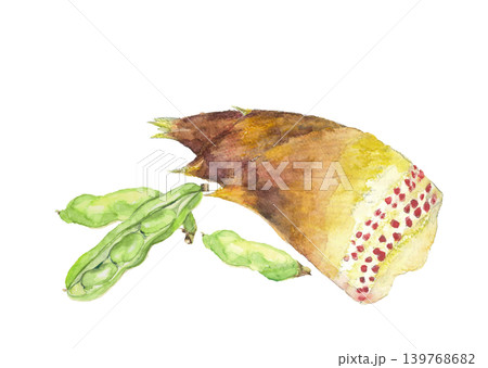 水彩で描いた筍とそら豆のセットイラスト素材【手描き】白バック 切り抜き コピースペースあり 139768682