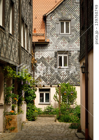 Colorful Historic House with Traditional Tile Facade on Narrow Old Town Street in Fuerth, Bavaria, Germany - Medieval European Architecture 139768749