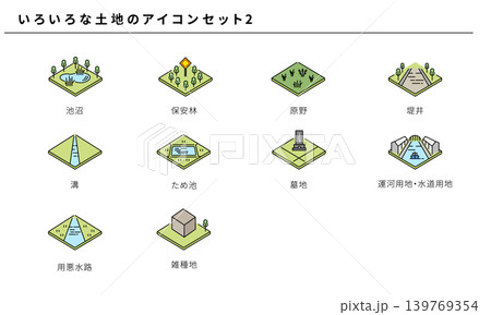 いろいろな土地(地目)のシンプルカラーアイコンセット2、ベクター素材 いろいろな土地(地目)のシンプルカラーアイコンセット2、ベクター素材 139769354