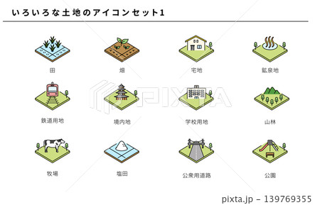 いろいろな土地(地目)のシンプルカラーアイコンセット1、ベクター素材 いろいろな土地(地目)のシンプルカラーアイコンセット1、ベクター素材 139769355