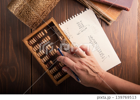 Vintage tone of women's hands doing accounting with old accounts . financial concept. 139769513