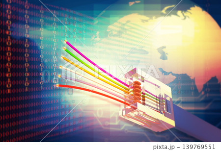 Network cable with fiber optics on technology background Network cable with fiber optics on technology background 139769551