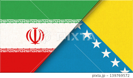 Double flag of Iran and Bosnia and Herzegovina on fabric texture. Two flags together Double flag of Iran and Bosnia and Herzegovina on fabric texture. Two flags together 139769572
