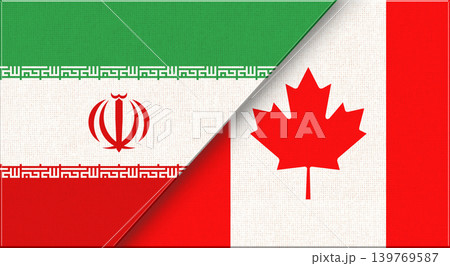 Double flag of Iran and Canada on fabric texture. Two flags together Double flag of Iran and Canada on fabric texture. Two flags together 139769587