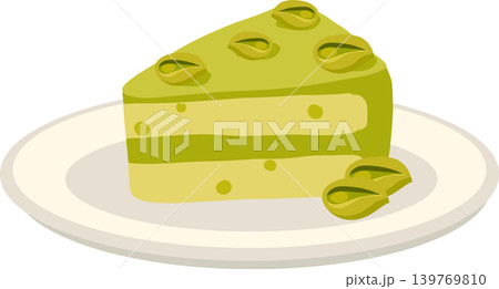 Pistachio cake slice. Cake slice illustration with pistachio topping for bakery and cafe design Pistachio cake slice. Cake slice illustration with pistachio topping for bakery and cafe design 139769810