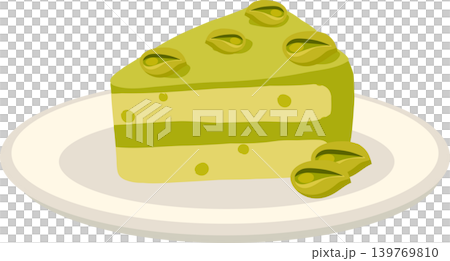 Pistachio cake slice. Cake slice illustration with pistachio topping for bakery and cafe design Pistachio cake slice. Cake slice illustration with pistachio topping for bakery and cafe design 139769810