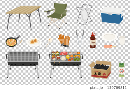 バーベキュー、アウトドア用品のイラストセット 139769811
