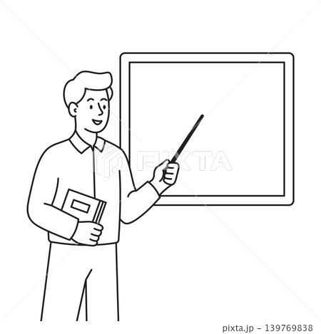 Male teacher pointing at blank presentation board line art illustration Male teacher pointing at blank presentation board line art illustration 139769838