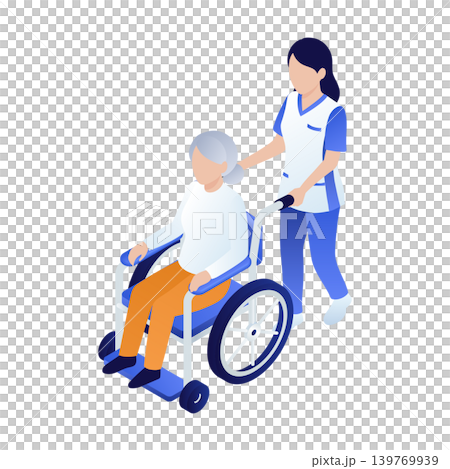 等距視角 | 一位坐在輪椅上的老婦人和一位年輕的護理員 139769939