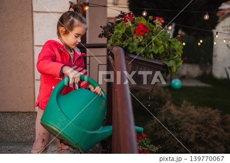 Little girl watering red flowers on home balcony Little girl watering red flowers on home balcony 139770067