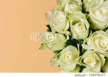 Romantic bouquet of cream roses on pastel peach background. 139770177