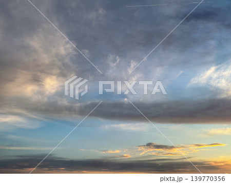 Dramatic Blue Sky With Airplane Contrail Dramatic Blue Sky With Airplane Contrail 139770356
