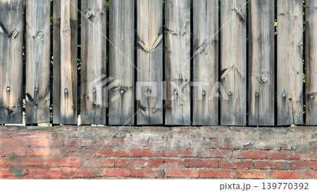 Background with Weathered Wooden Fence with Brick Wall Base Background with Weathered Wooden Fence with Brick Wall Base 139770392